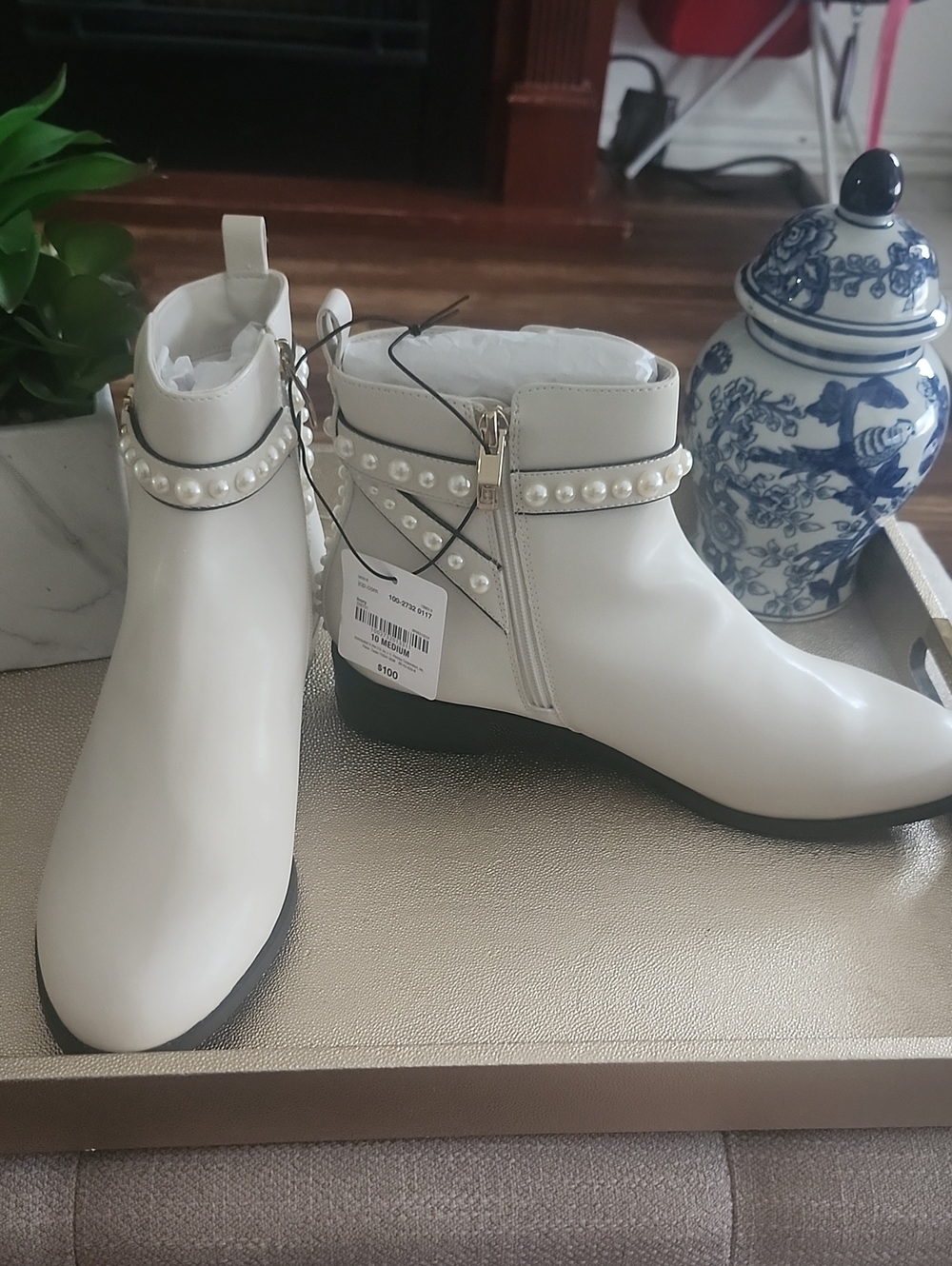 Liz Claiborne White Pearl-Trim Ankle Booties